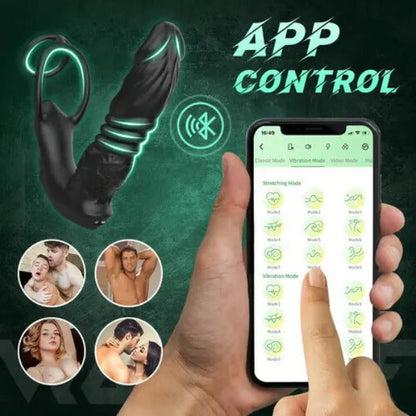 APP Control 9 Vibrating Thrusting Prostate Massager With Dual Cock Rings