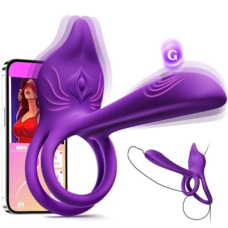 Vibrating Cock Ring Couples Sex Toys - MOOLIGIRL Dual Penis Ring Vibrator with Fox-Shaped Clitoral Stimulator & 4.6in G Spot Vibrator, 10 Vibration Adult Toys for Men Women, Female Sex S&M Floggers